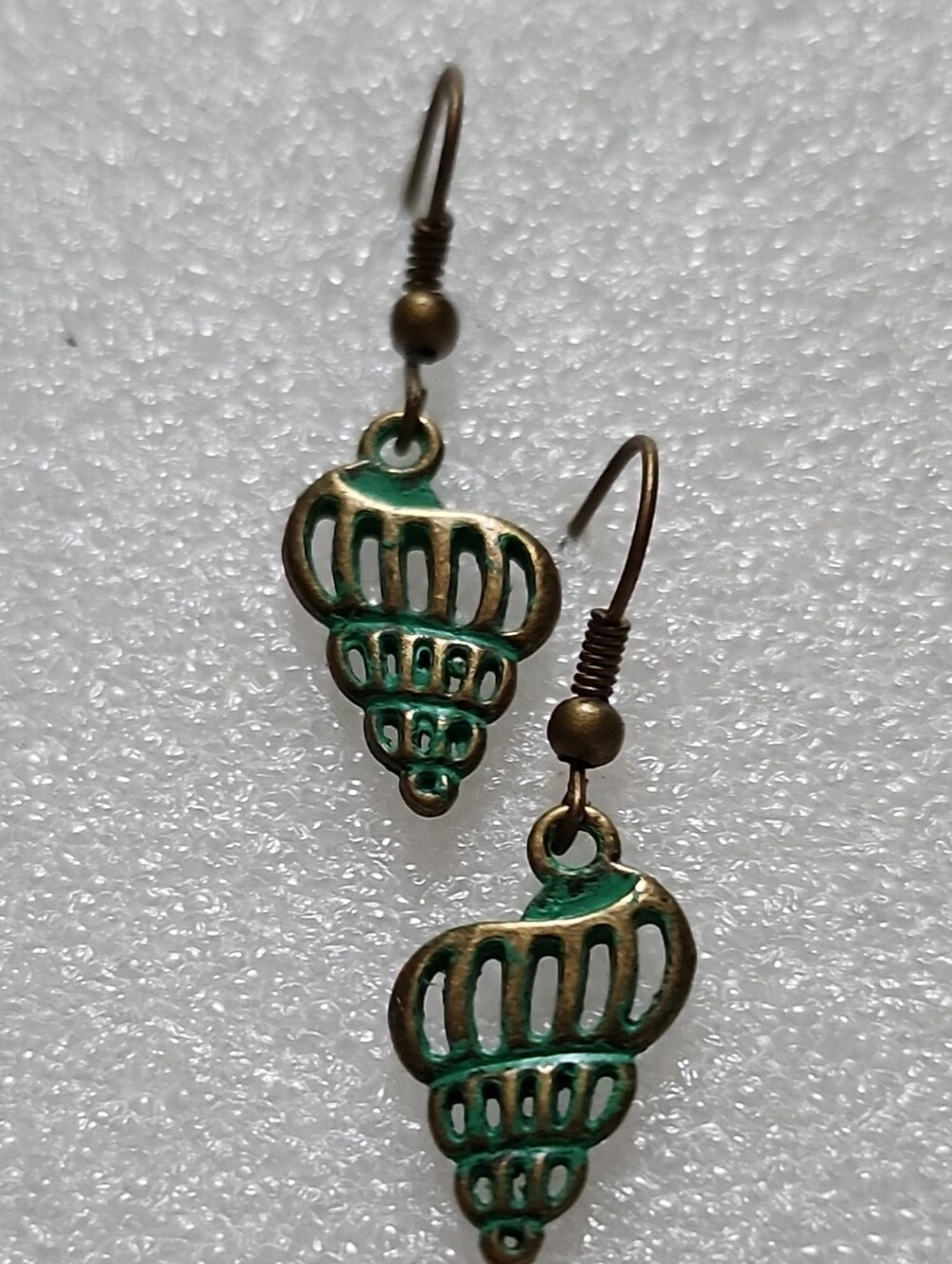 Hand Crafted Green and Antique Golden Bronze Shell Dangle Earrings